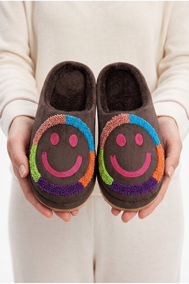 Women'S, Velvet, Smiling Face Figured, Wool Inside, Silent Sole House Slippers