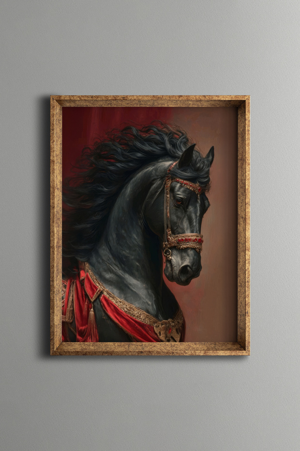 Black Horse Portrait - Vintage Patterned Painting - Fine Model