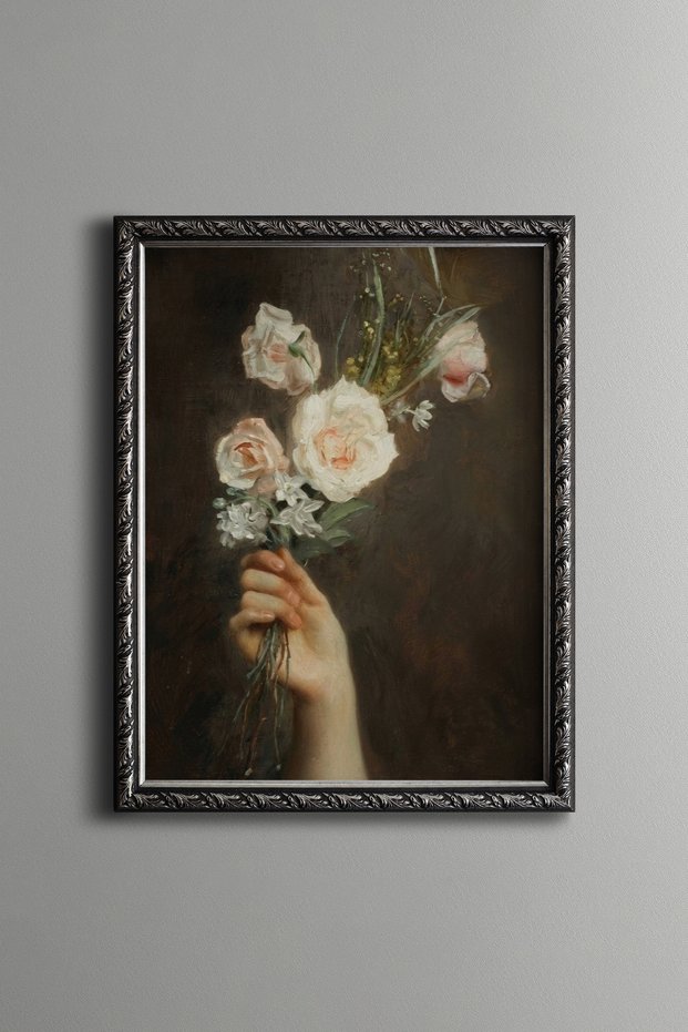 Elegant Rose Bouquet in Hand - Vintage Patterned Painting - Fine Model