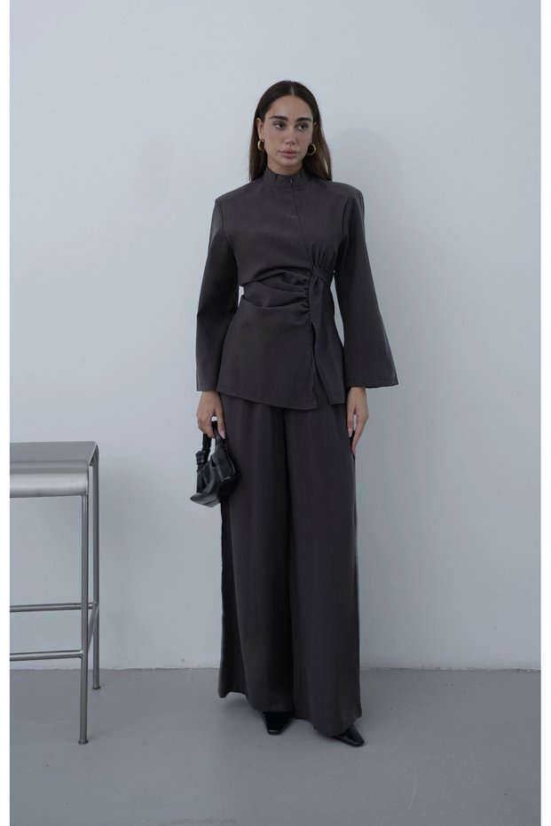 Tied Asymmetrical Zipper Pants Suit Brown