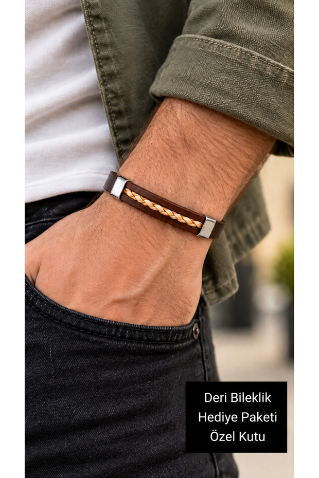 Sembrio Creamline Brown Leather Men's Bracelet - Plain Band Model with Cream Braided Strips