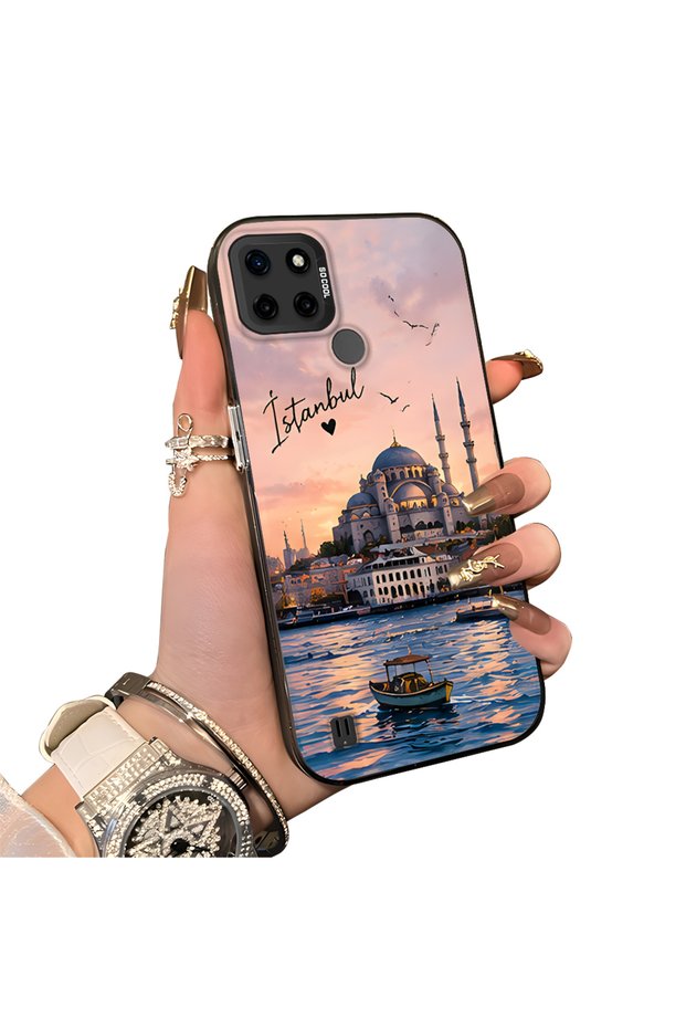Realme C21Y Compatible Silicone Edge Hard Back Case Istanbul Patterned Couple Phone Case