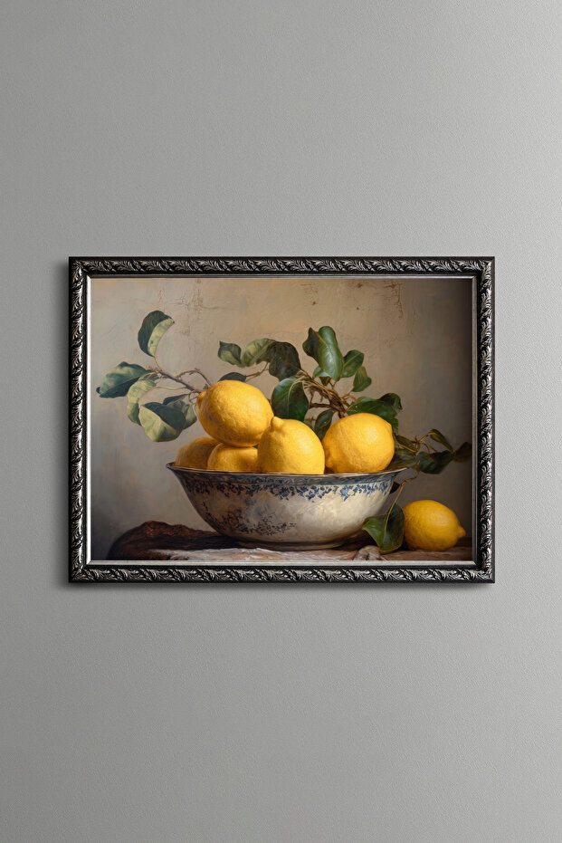 Lemons in a Blue Patterned Bowl - Vintage Patterned Painting - Fine Model