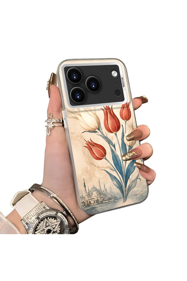 iPhone 18 Pro Max Compatible Silicone Edge Hard Back Case Tulip Pattern Couple Phone Case