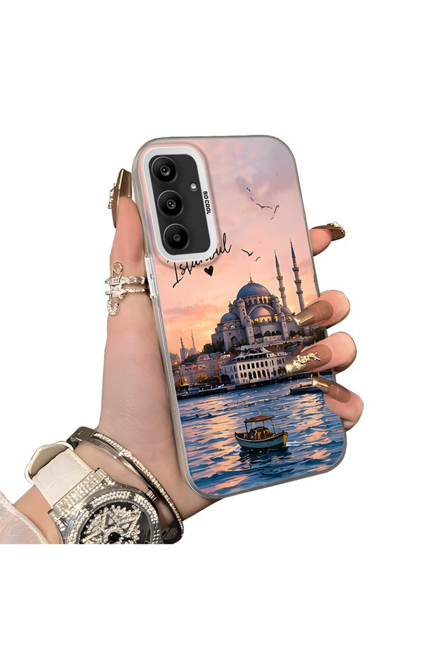 Samsung Galaxy A25 Compatible Silicone Edge Hard Back Case Istanbul Patterned Couple Phone Case
