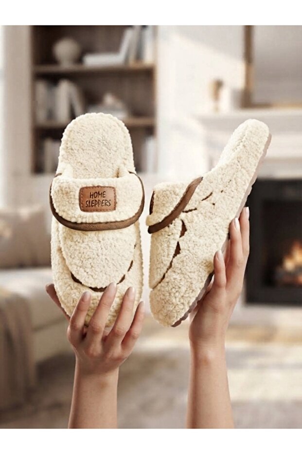 Women's House Slippers | Wool Plush Slippers | Patterned Half-Closed Lightweight Non-Slip Sole