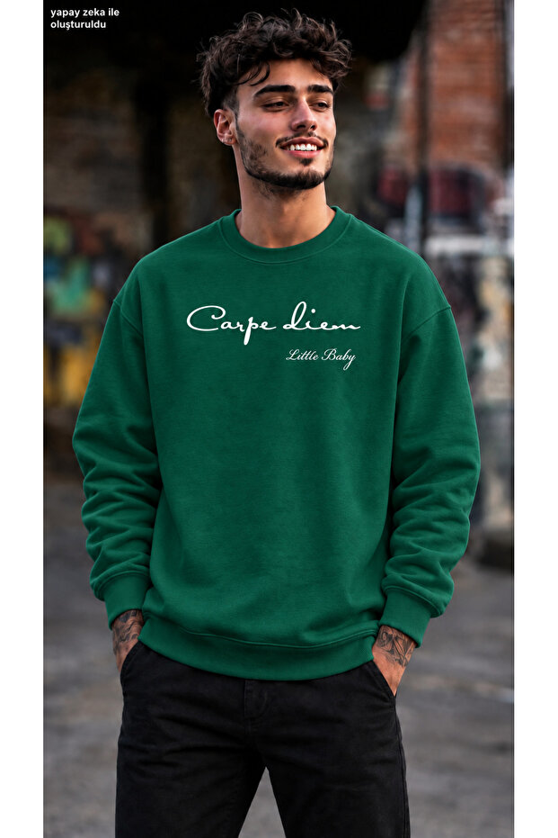 Men's Carpe Diem Written Minimal Typographic Graphic Printed Crew Neck Casual Regular Fit Sweatshirt