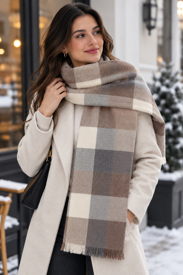 Plaid Patterned Soft Texture Shoulder Shawl