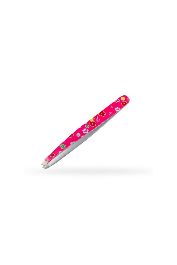 Stainless Steel Slanted Tip Tweezers (Pink Flowers)