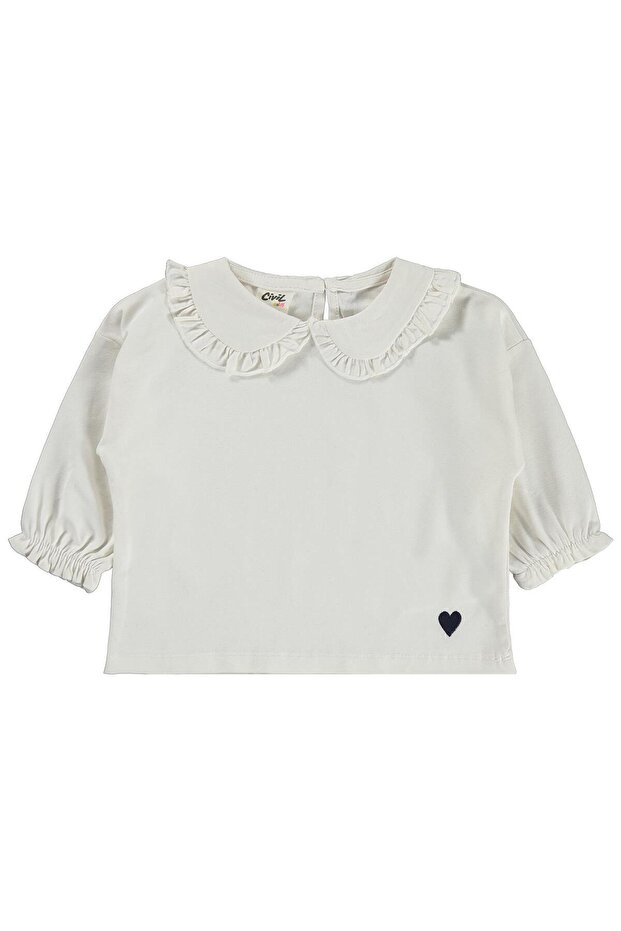 Baby Collared Heart Embroidery 6-18 Months Sweatshirt - Ecru