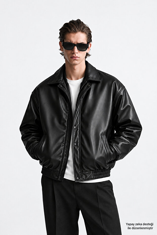 Men's Oversize Black Leather Jacket-00225067