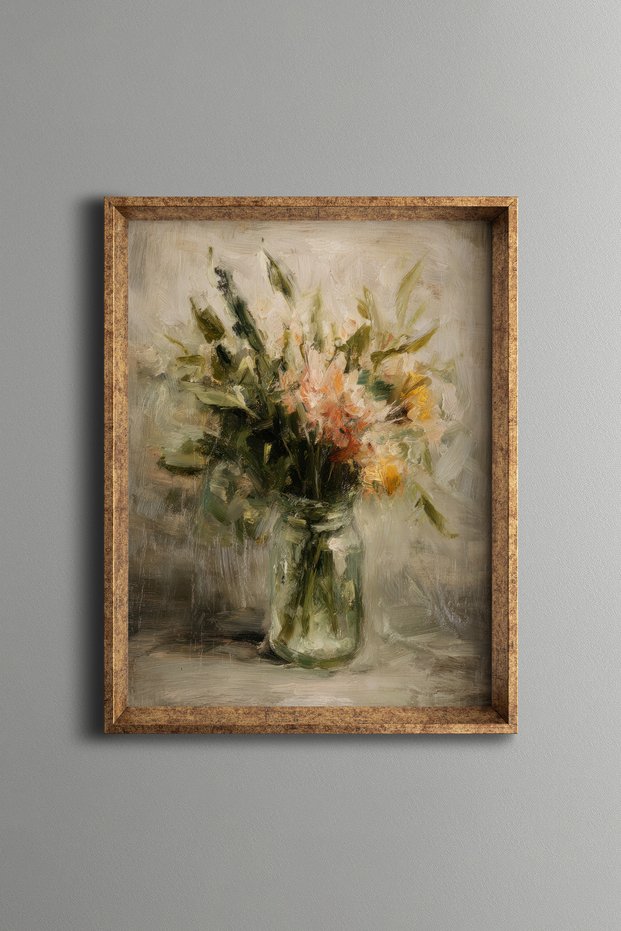 Flower Bouquet in Glass Vase - Vintage Patterned Tabletop - Fine Model