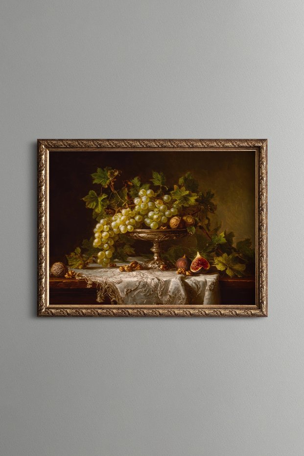 Grapes and Figues in a Silver Bowl - Vintage Patterned Painting - Fine Model