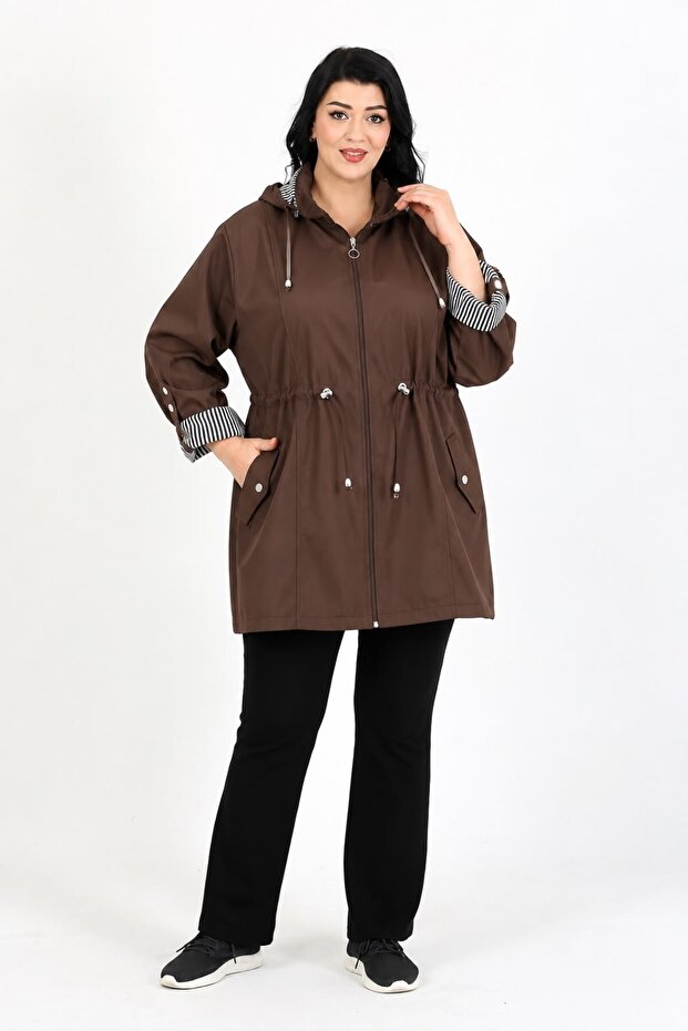 Women's Brown Striped Lined Plus Size Trench Coat