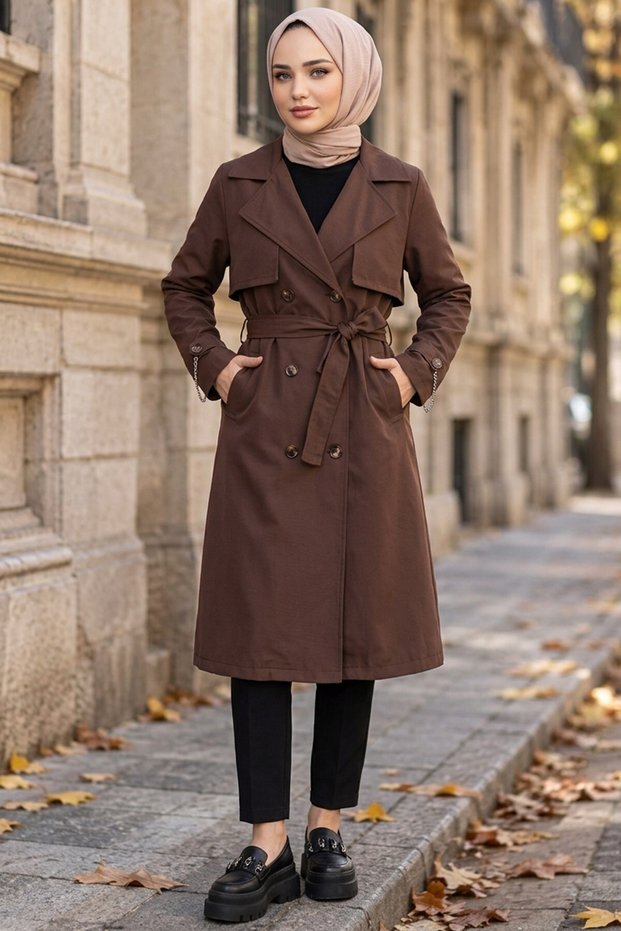 Belted Double-Breasted Buttoned Trench Coat Brown Hnt2809