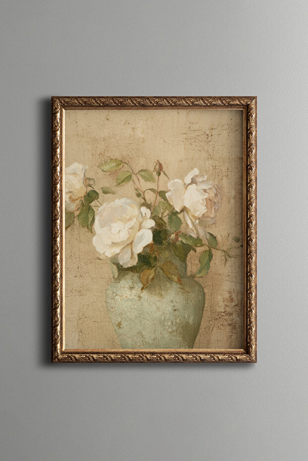 White Roses in Mint Green Vase - Vintage Patterned Painting - Fine Model