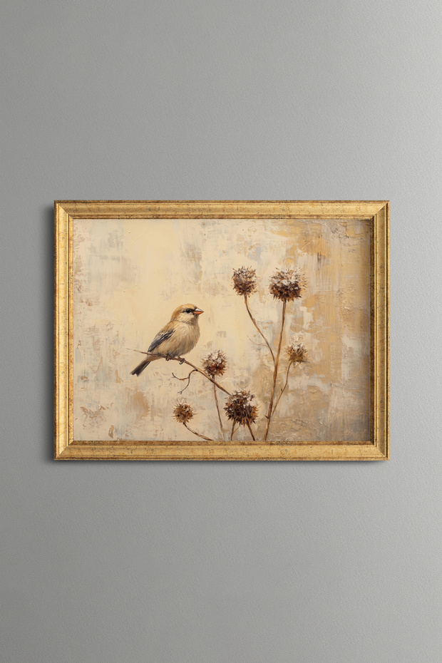 Little Bird on a Dry Flower Branch - Vintage Patterned Painting - Fine Model