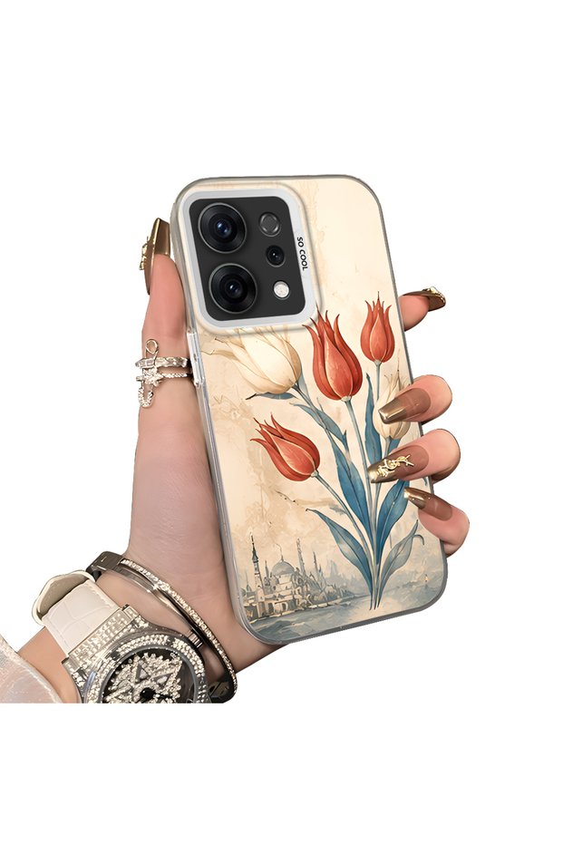 Oppo Reno 14 5g Compatible Silicone Edge Hard Back Case Tulip Pattern Lover Couple Phone Case