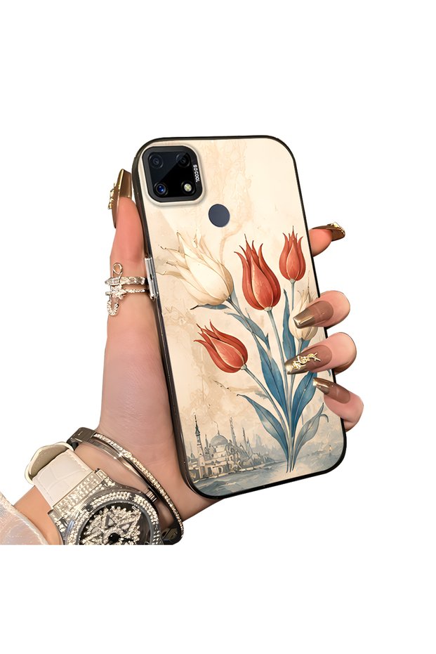 Realme C25S Compatible Silicone Edge Hard Back Case Tulip Pattern Couple Phone Case