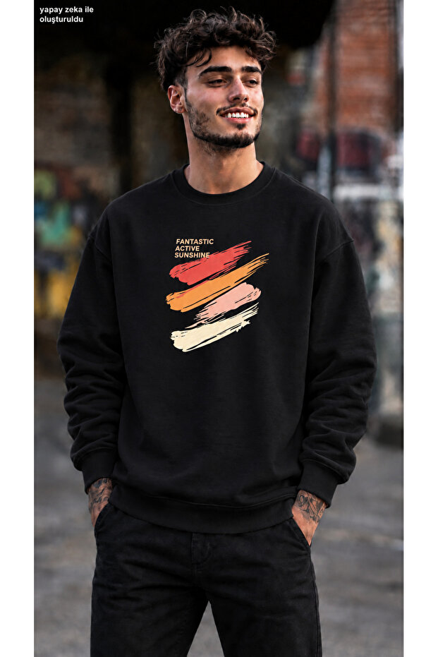 Men's Fantastic Active Sunshine Brush Print Crew Neck Casual Regular Fit Sweatshirt