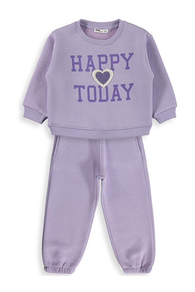 Happy Printed Tracksuit Set for Ages 2-5 - Lilac