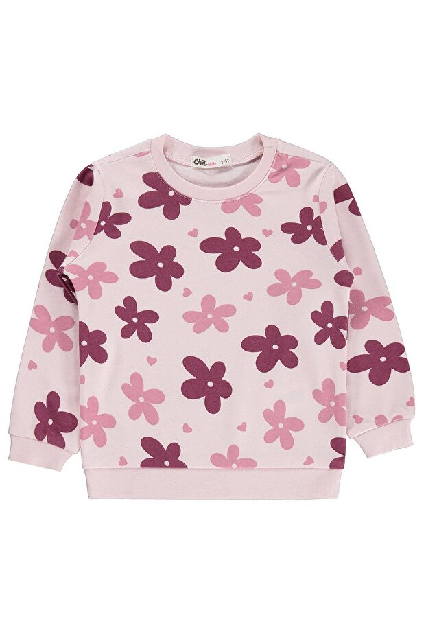 Civil Girl's Large Floral Patterned Sweatshirt Km | Interlock Long Sleeve | School Nursery and Daily Use - Pink