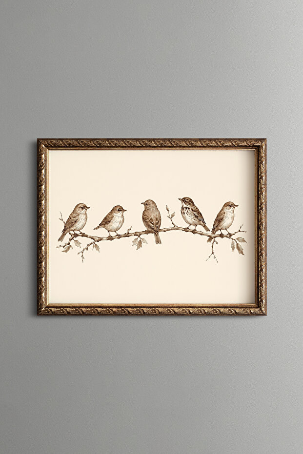 Five Sparrows on a Branch - Vintage Patterned Painting - Fine Model