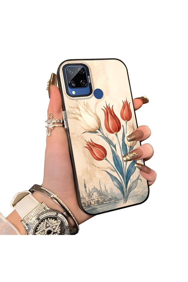 Realme C15 Compatible Silicone Edge Hard Back Case Tulip Pattern Lover Couple Phone Case