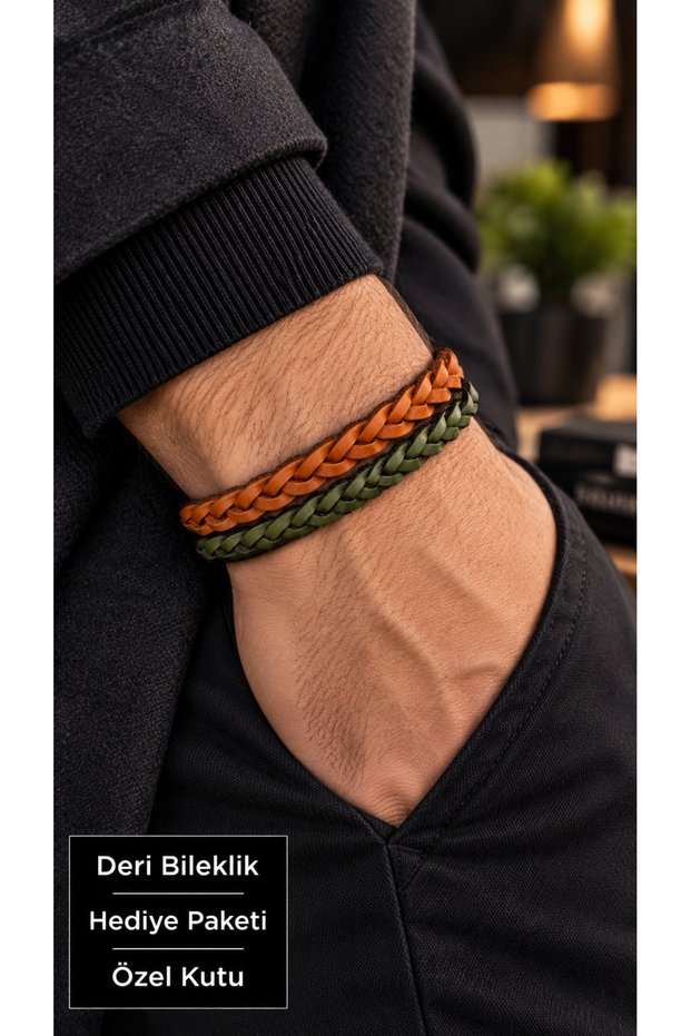 Ferlano Twinpath Orange Khaki Leather Men's Bracelet - Two-Tone Double Braided Detail