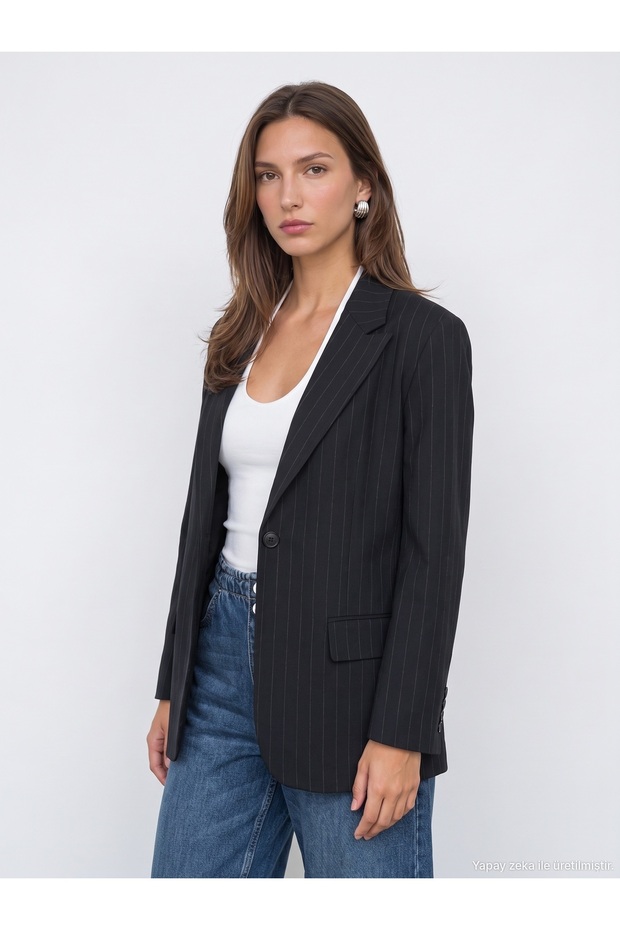 60829 Striped Double-Breasted Blazer-Black