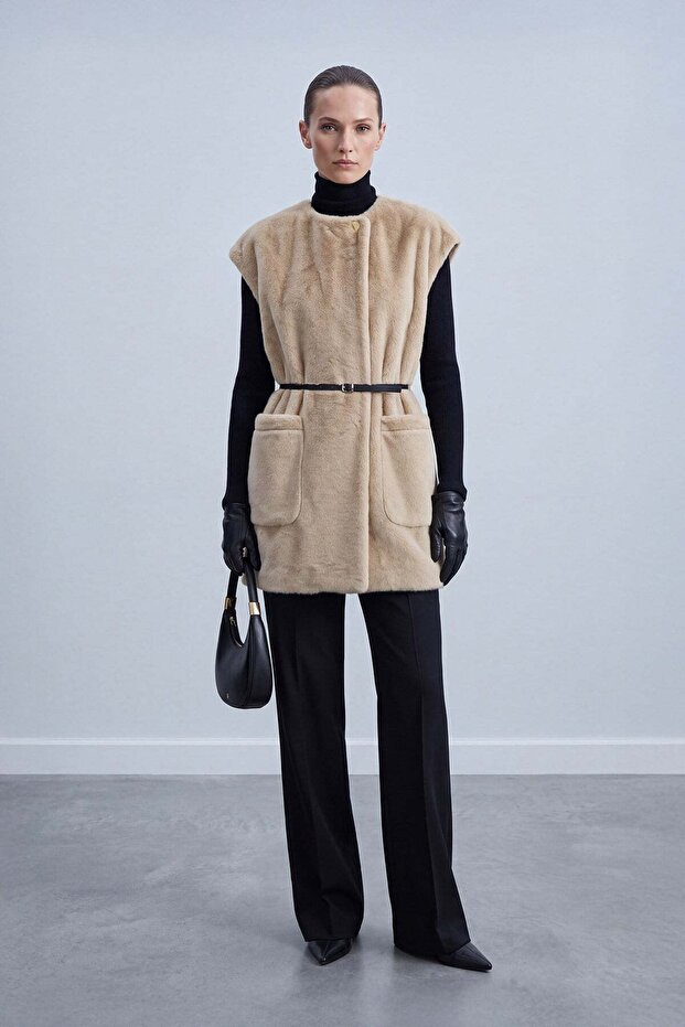 Pocket Detailed Belted Plush Vest Camel Hair 15303
