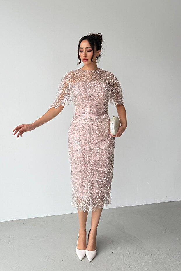 Powder Strapless Cape Beaded Embroidered Midi Evening Dress