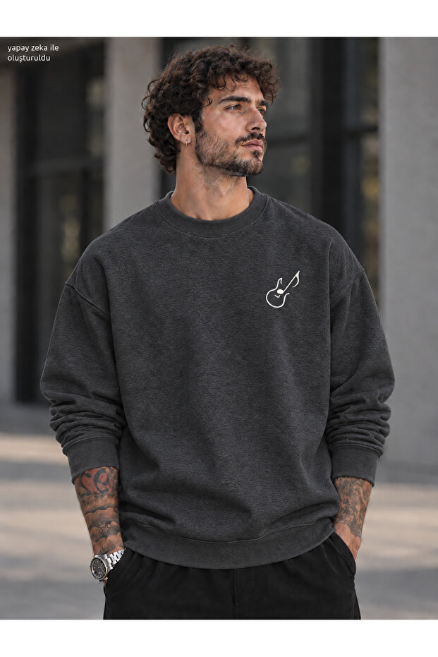 Men's Chest Emblem Guitar Note Line Graphic Printed Crew Neck Casual Regular Fit Sweatshirt