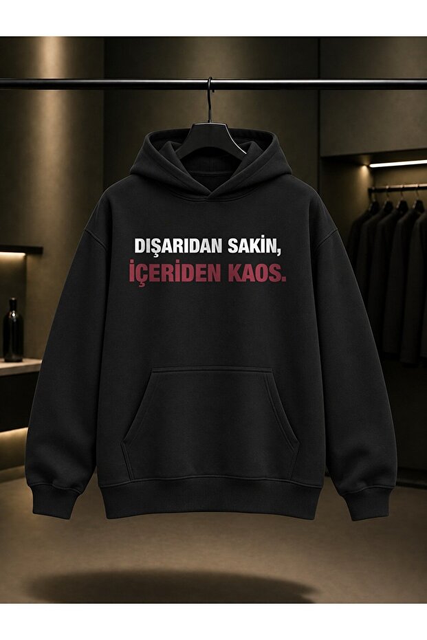 Unisex 100% Cotton Hooded Sweatshirt with the Text "Outside Calm, Inside Chaos" Printed on It