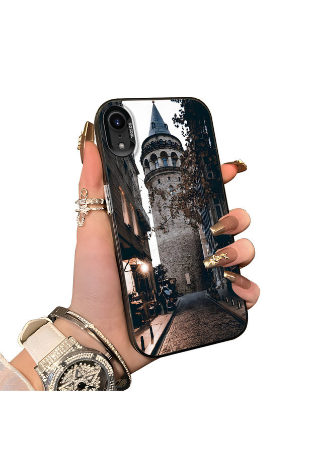 iPhone Xr Compatible Silicone Edge Hard Back Case Galata Tower Patterned Phone Case