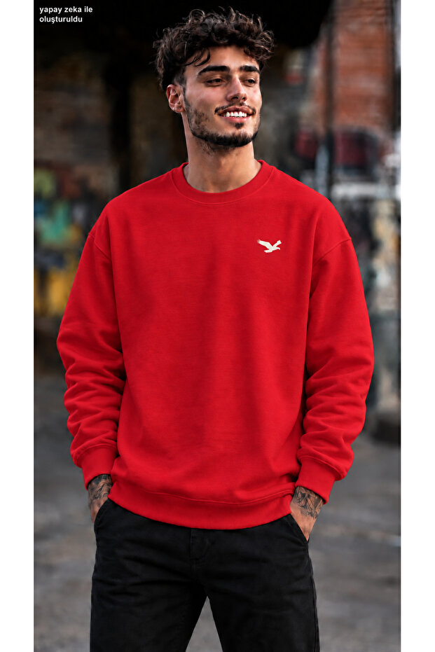 Men's Minimal Tan Eagle Figure Printed Crew Neck Casual Regular Fit Sweatshirt