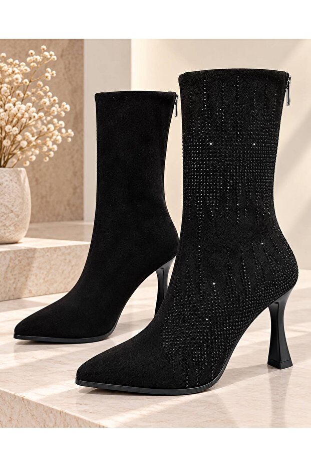 Women's Black Suede Stone Pointed Toe Back Zipper Boots 9cm Heel