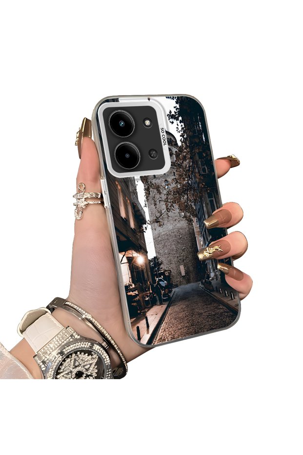 Redmi 15C 5g Compatible Silicone Edge Hard Back Case Galata Tower Patterned Phone Case
