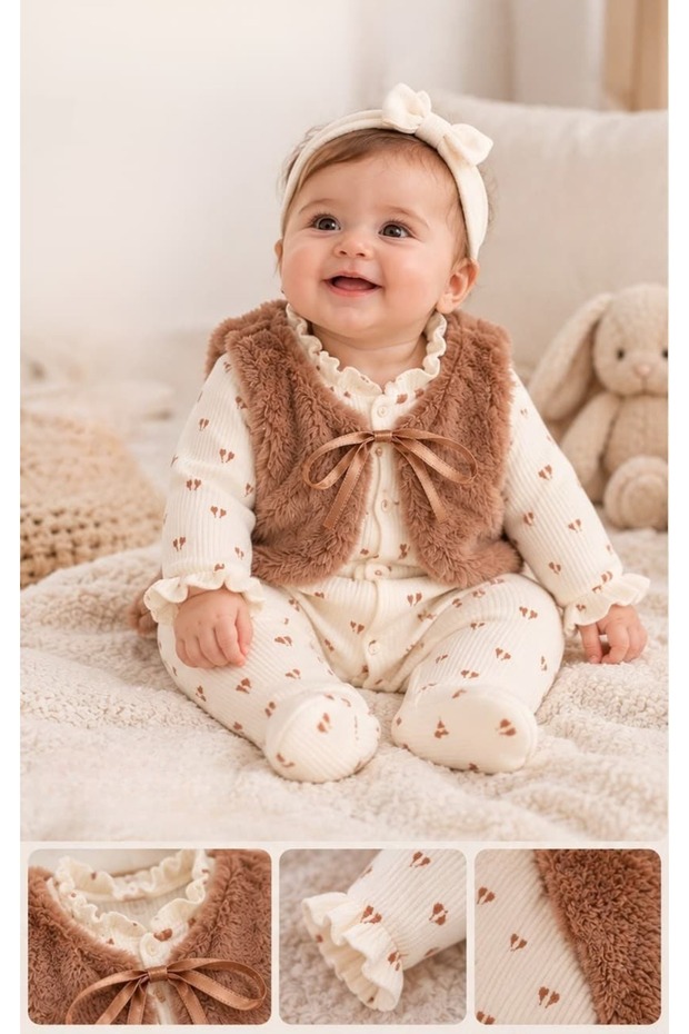 Plush Vest and Tulip Patterned Booties Jumpsuit Set