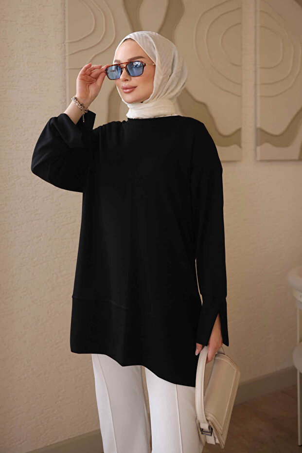 Black Tunic with Cuffs and Slits on the Sleeves and Skirt