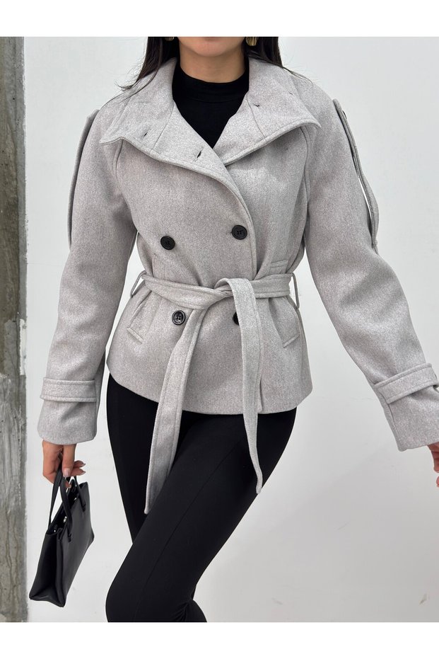 Arven High Collar Belted Short Lined Coat Gray