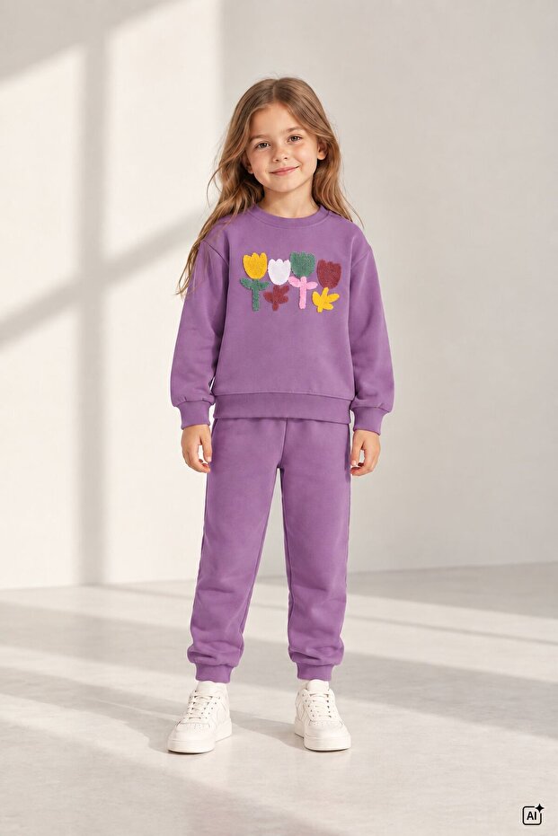 Purple Girl's Tulip Embroidered Ribboned Crew Neck Tracksuit Set 24955