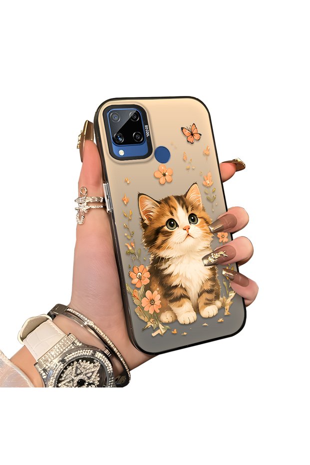 Realme C15 Compatible Silicone Edge Hard Back Case Cat Pattern Loving Couple Phone Case