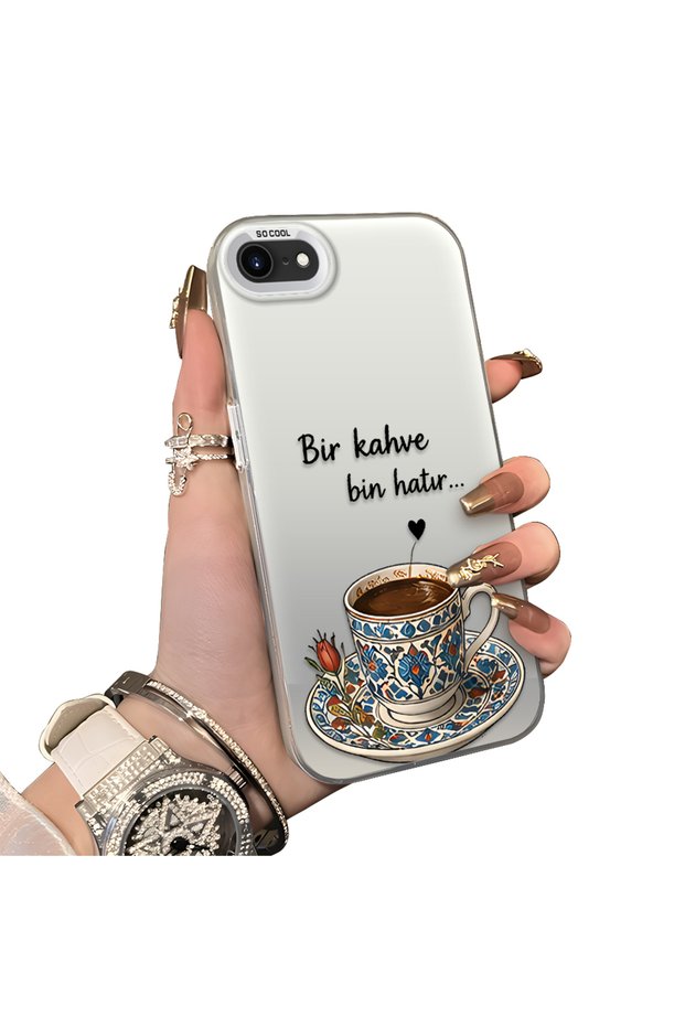 iPhone Se 2022 Compatible Silicone Edge Hard Back Case Turkish Coffee Patterned Phone Case
