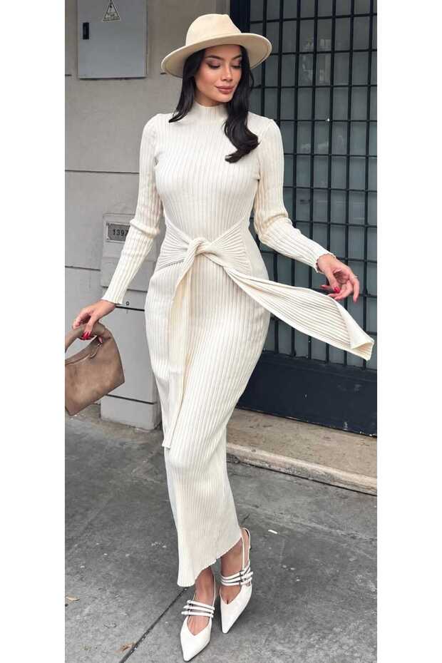 Lovebenti Women's Ribbed Tie-Detail Long Knit Dress