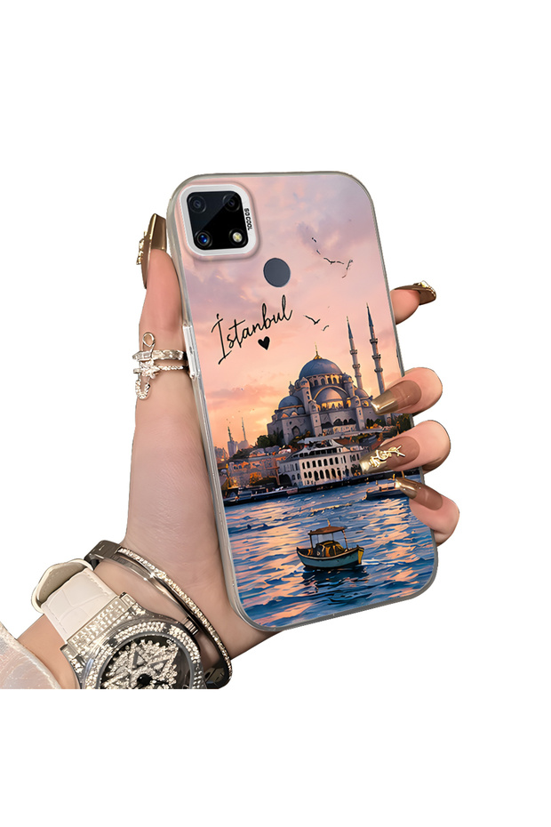 Realme C25 Compatible Silicone Edge Hard Back Case Istanbul Patterned Couple Phone Case
