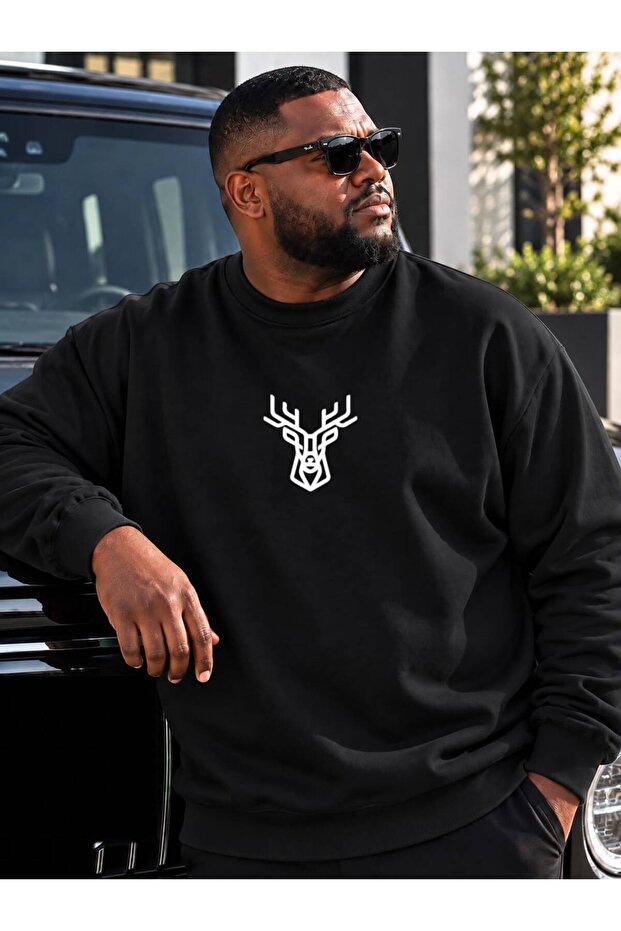 3 Yarn Combed Cotton Plus Size Deer Printed Unisex Sweatshirt Vp6