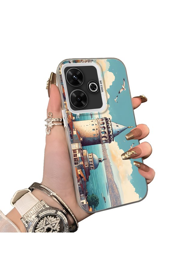Poco M6 Compatible Silicone Edge Hard Back Case Galata Tower Patterned Phone Case