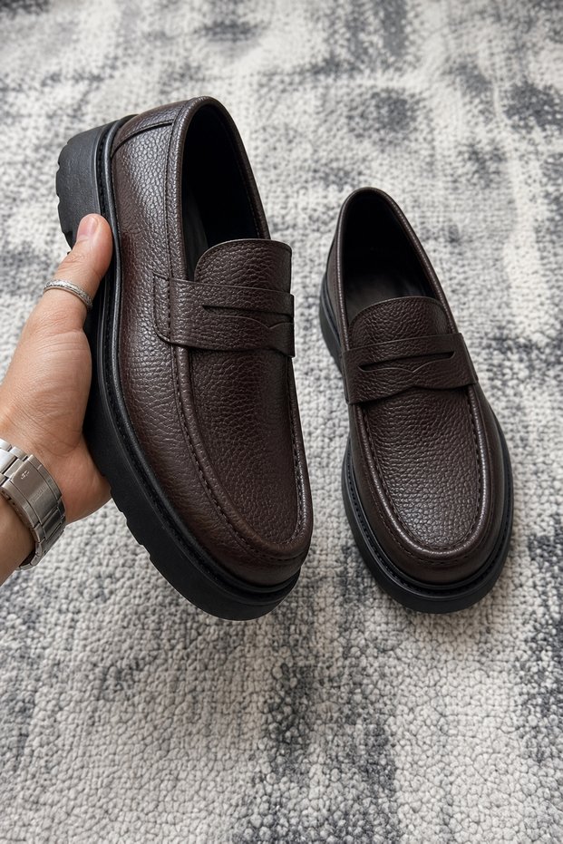 Acari Genuine Leather Textured Thick Sole Penny Loafer Men's Shoes