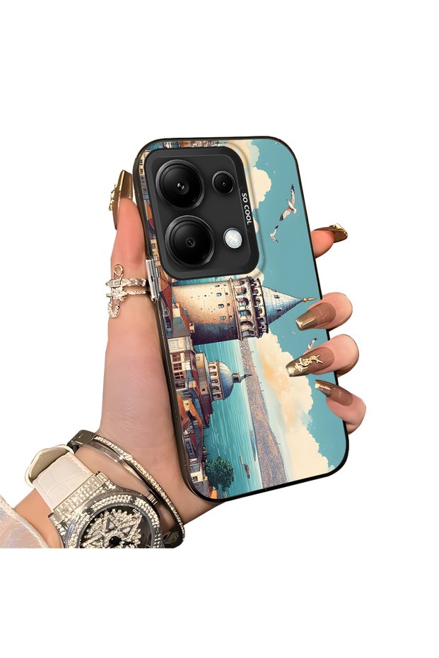 Redmi Note 14S Compatible Silicone Edge Hard Back Case Galata Tower Patterned Phone Case